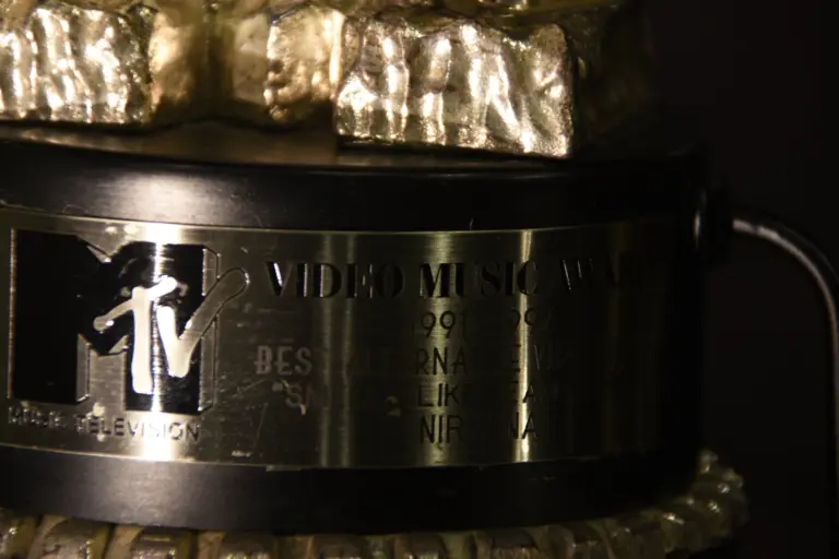 Close-up of the engraved plate on Nirvana's 1992 MTV Video Music Award for Best Alternative Video, Smells Like Teen Spirit, on display at the Museum of Pop Culture in Seattle